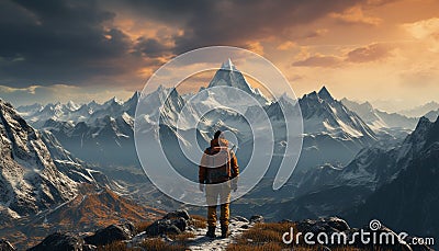 One person hiking, exploring majestic mountain range, backpacking outdoors generated by AI Stock Photo