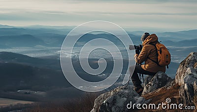 One person hiking mountain peak, photographing nature, enjoying leisure activity generated by AI Stock Photo