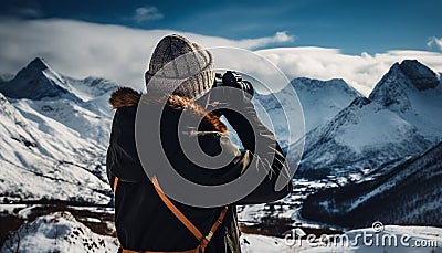 One person hiking in winter, photographing mountain peak with camera generated by AI Stock Photo
