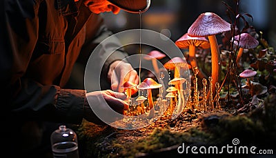One person holding fresh edible mushroom, picking in uncultivated forest generated by AI Stock Photo