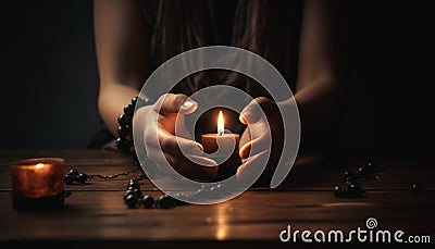 One person meditating, praying with candlelight, illuminated by glowing flame generated by AI Stock Photo