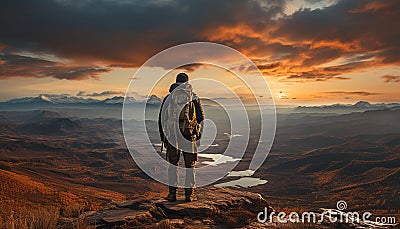 One person standing, backpack on, admiring majestic mountain peak generated by AI Stock Photo