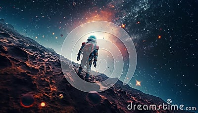 One person standing on mountain, gazing at galaxy glowing beauty generated by AI Stock Photo