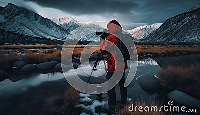 One person standing, photographing mountain peak with camera and tripod generated by AI Stock Photo