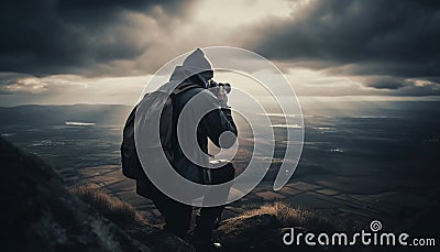 One person standing, photographing mountain peak silhouette generated by AI Stock Photo