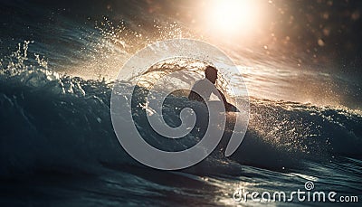 One person surfing in Maui at sunset generated by AI Stock Photo