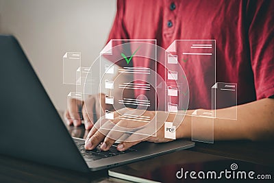 One person is using a computer. Digital document management concept on virtual screen Stock Photo