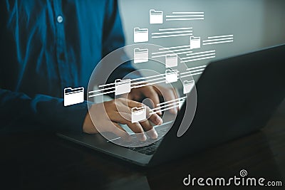 One person is using a computer. Digital document management concept on virtual screen Stock Photo