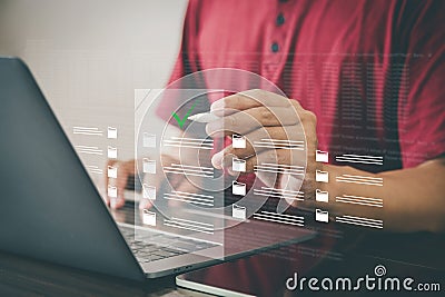 One person is using a computer. Digital document management concept on virtual screen Stock Photo