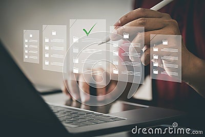 One person is using a computer. Digital document management concept on virtual screen Stock Photo