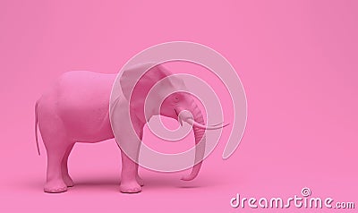 One plain pink realistic elephant isolated on a pink background. Creative conceptual monochrome illustration with copy space. 3D Cartoon Illustration