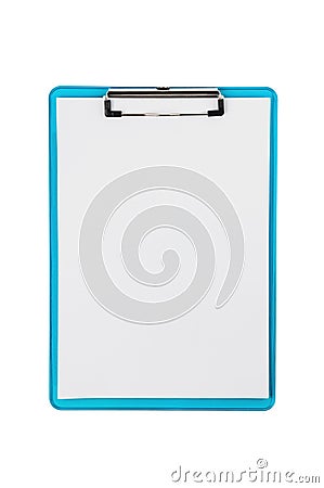 One plastic blue color clipboard with glossy metal binder with blank paper sheets isolated on white background. Top view Stock Photo