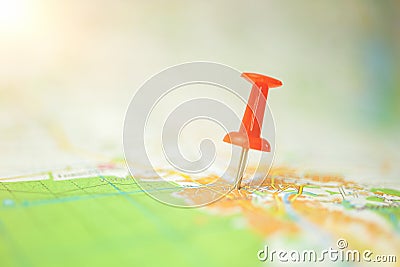 One pushpin on the city map, concept of navigation, location and destination, selective focus photo Stock Photo