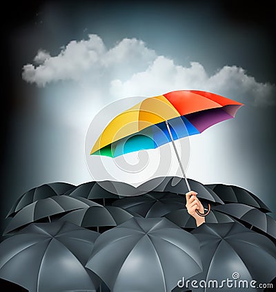 One rainbow umbrella standing out on a grey background. Vector Illustration