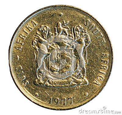 One rand coin isolated on white. South Africa. 1977 Stock Photo