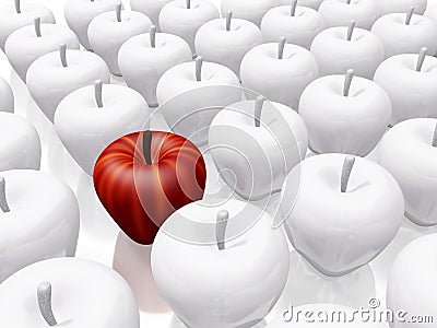 One Red Apple Amidst White Ceramic Apples Cartoon Illustration