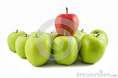 One red apple on green apples Stock Photo