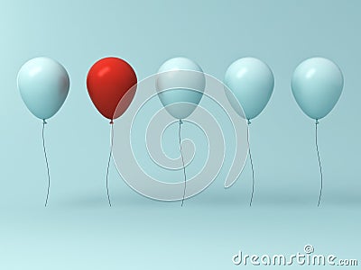 One red balloon different from other balloons on light cyan green pastel color wall background Stock Photo