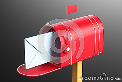 One red mailbox with an envelope inside on a black background. Cartoon Illustration