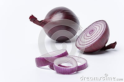 One red onion,half and rings on white background Stock Photo