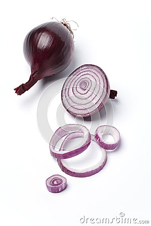 One red onion,half and rings on white background Stock Photo