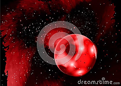 One red planet in deep space. Star field in space and a nebulae. Abstract background of universe and a gas congestion. Galaxy Vector Illustration
