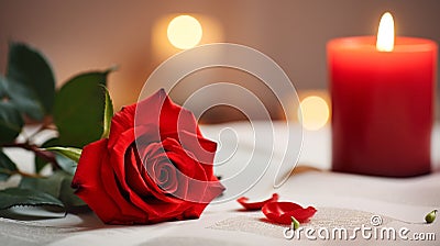 one red rose, candle on a white table, selective focus on flower Stock Photo