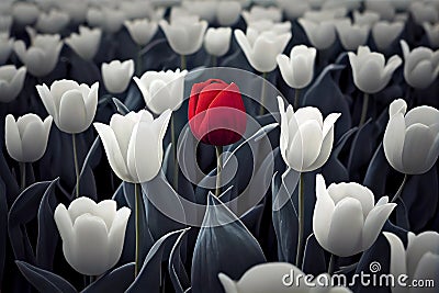 One red tulip among many white ones. Concept of diversity and individuality. Generative ai Stock Photo