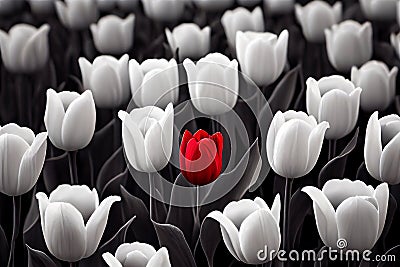 One red tulip among many white ones. Concept of diversity and individuality. Generative ai Stock Photo