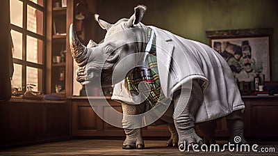 One Rhino In A Jacket: A Unique Photo In The Style Of Top Artists And Themes Stock Photo