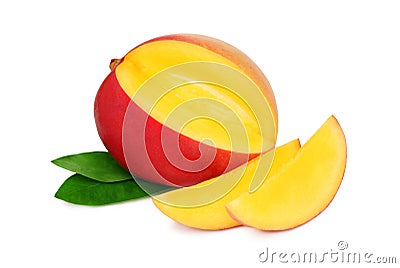 One ripe mango with slices on white background Stock Photo