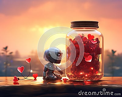 One robot in a glass bottle with red hearts. Cartoon Illustration
