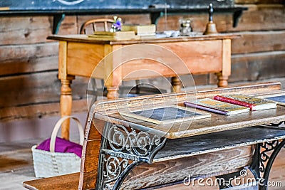 One Room Schoolhouse Teacher and Student Desk Editorial Stock Photo