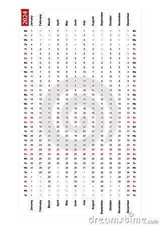 One row vertical calendar 2024, monday first day of the week Vector Illustration