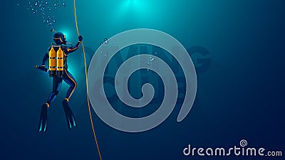 One scuba diver underwater. Back view. Logo diving club underwater. Diver dives to the bottom of the sea, Vector Illustration