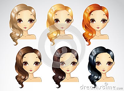 One Side Curls Hairstyling Set Vector Illustration