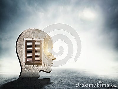 One silhouette of human head with window inside Stock Photo