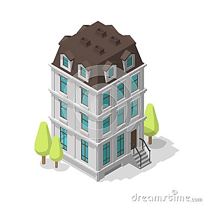 One single common building. Residential dwelling-house. Two-storey mansion. Classic style architecture. Vector Isometric Stock Photo