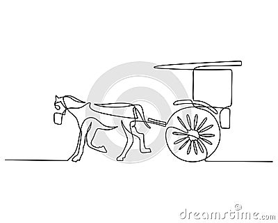 One single continuous line of wagon carriage with horse pulling it. Vintage transportation isolated on white background Vector Illustration