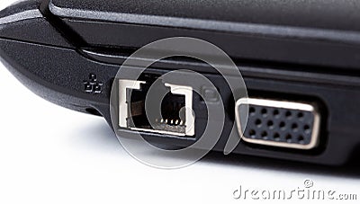 One single ethernet connection port, socket laptop side view macro, extreme closeup Computer internet wired connection, lan Stock Photo