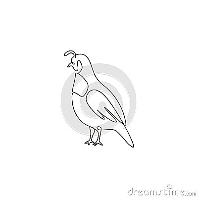 One single line drawing of adorable California valley quail for poultry logo identity. Dust bath bird mascot concept for national Vector Illustration
