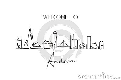 One single line drawing of Andorra la Vella city skyline. World historical town landscape. Best place holiday destination postcard Vector Illustration