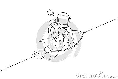 One single line drawing of astronaut in spacesuit floating and discovering deep space while sitting on rocket spaceship Vector Illustration