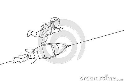 One single line drawing of astronaut in spacesuit floating and discovering deep space while standing at rocket spaceship Vector Illustration