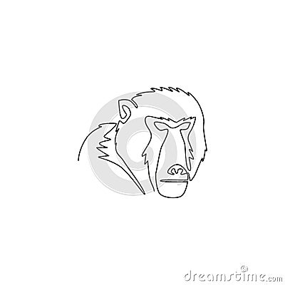 One single line drawing of baboon head for company business logo identity. Cute primate animal mascot concept for corporate icon. Vector Illustration