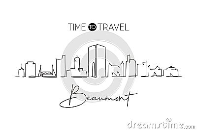 One single line drawing Beaumont city skyline, Texas. World historical town landscape. Best holiday destination postcard. Editable Vector Illustration