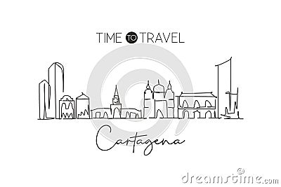 One single line drawing Cartagena city skyline, Colombia. World town landscape home wall decor poster print art. Best place Vector Illustration