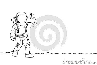 One single line drawing cosmonaut make okay gesture with his fingers in moon surface graphic vector illustration. Astronaut Vector Illustration