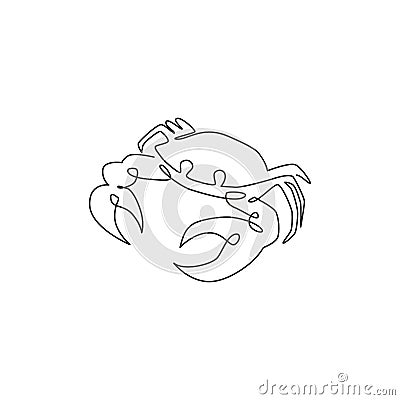 One single line drawing of cute little crab for logo identity. Healthy delicious taste seafood concept for Chinese food restaurant Vector Illustration