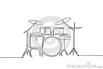 One single line drawing of drum band set. Percussion music instruments concept. Trendy continuous line draw design graphic vector Vector Illustration